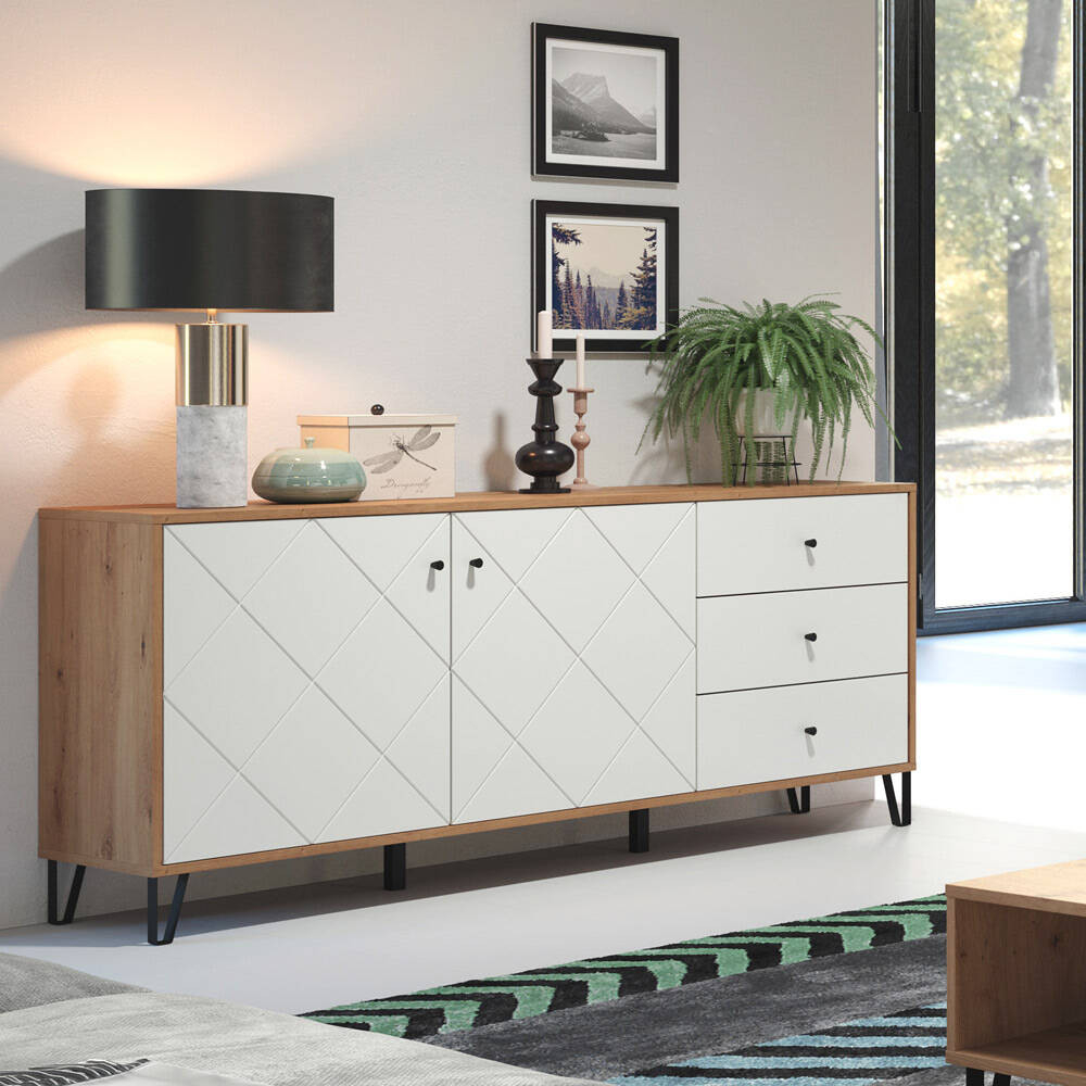 Sideboard Modern Wohnzimmer Torino-19 In Artisan Eiche Nb. Mit Weiß Matt  Und Metallfüßen, B/H/T: Ca. 183/76/40 Cm pertaining to Wohnzimmer Sideboard